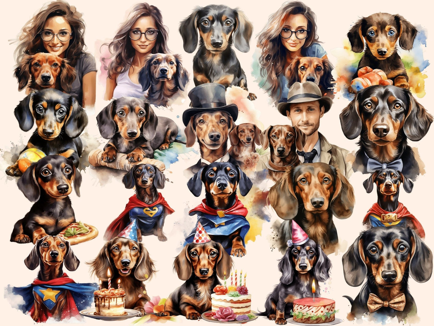 Dachshunds Watercolor Clipart - High - Quality Instant Digital Download for Creative Projects