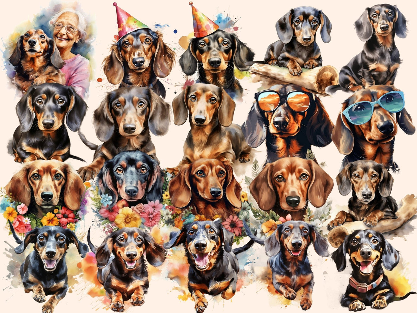 Dachshunds Watercolor Clipart - High - Quality Instant Digital Download for Creative Projects