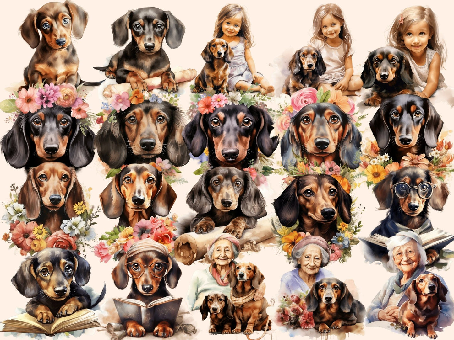 Dachshunds Watercolor Clipart - High - Quality Instant Digital Download for Creative Projects