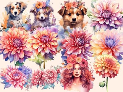 Dahlias Watercolor Clipart dahlia bouquet - Wonders Artist