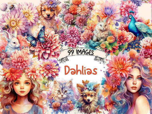 Dahlias Watercolor Clipart - High - Quality Instant Digital Download for Creative Projects