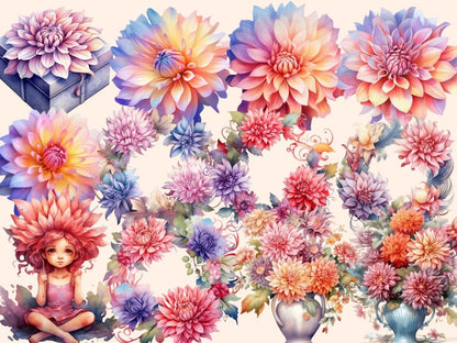 Dahlias Watercolor Clipart dahlia bouquet - Wonders Artist