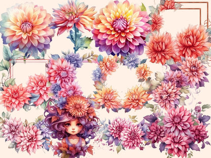 Dahlias Watercolor Clipart dahlia bouquet - Wonders Artist