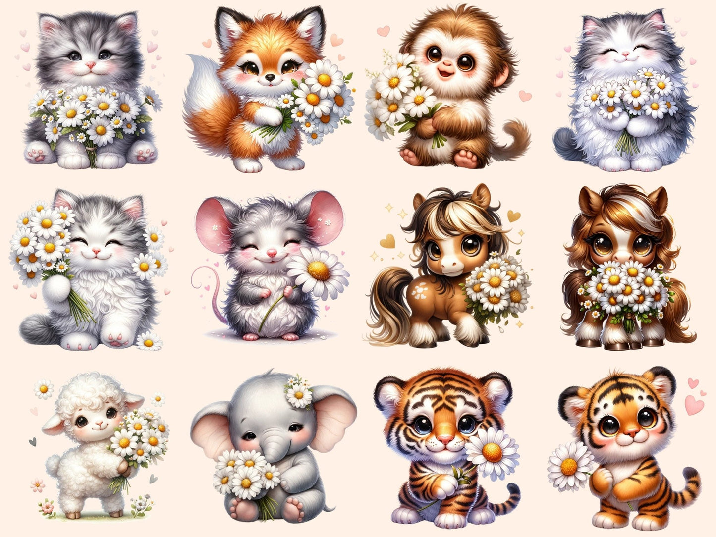 Daisy Animals (P2) Clipart - High - Quality Instant Digital Download for Creative Projects