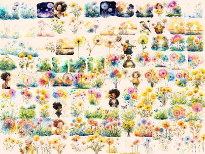 Dandelion Flowers Watercolor Clipart colorful flowers png - Wonders Artist