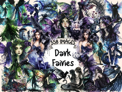 Dark Fairies Watercolor Clipart black fairy clipart - Wonders Artist
