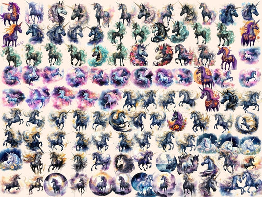 Clipart cu Unicorni Întunecați în Acuarelă