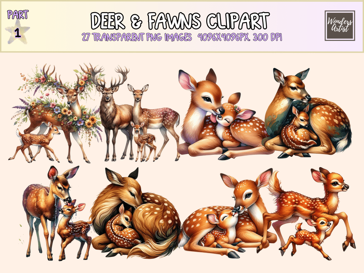 Deer & Fawns Clipart All Bundles Clipart Line Art - WondersArtist