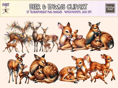 Deer & Fawns Clipart All Bundles Clipart Line Art - WondersArtist