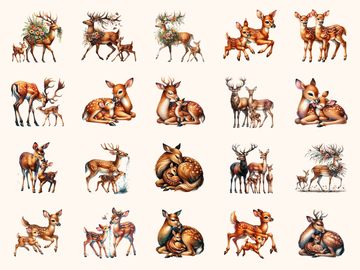 Deer & Fawns Clipart All Bundles Clipart Line Art - WondersArtist