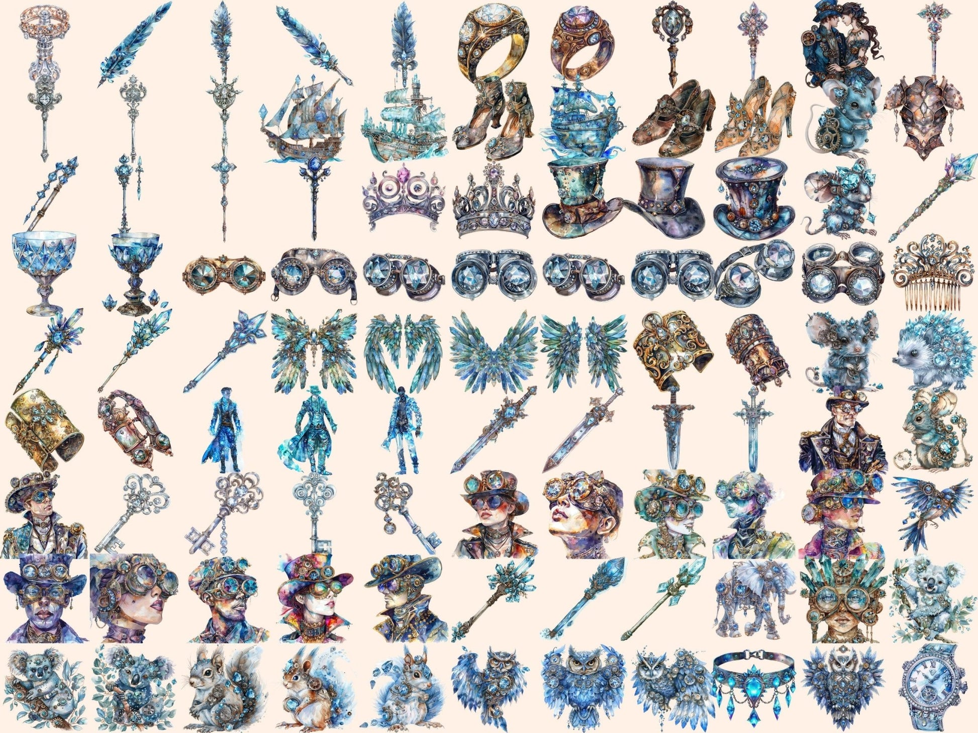 Diamond Steampunk Watercolor Clipart - High - Quality Instant Digital Download for Creative Projects