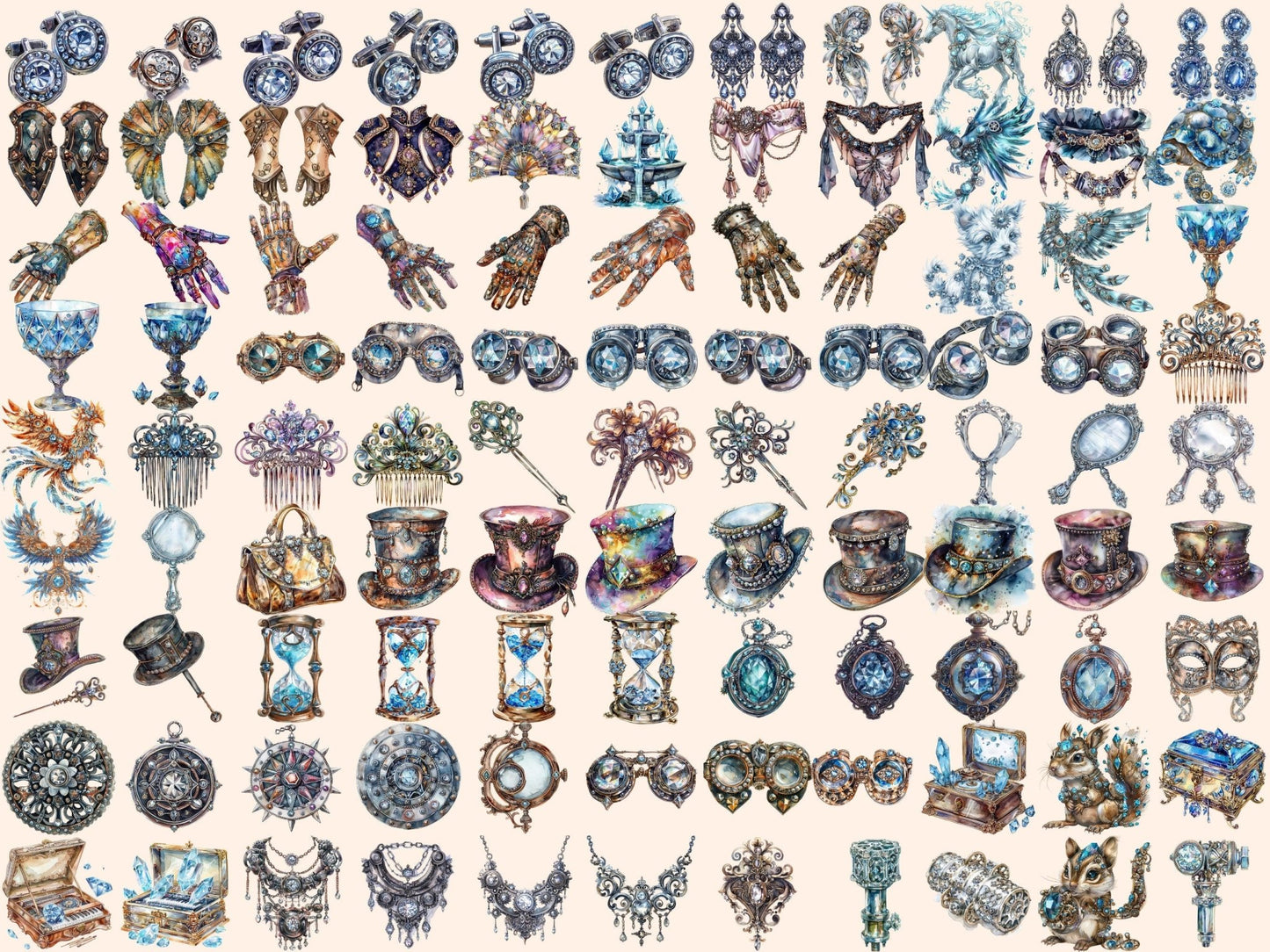 Diamond Steampunk Watercolor Clipart - High - Quality Instant Digital Download for Creative Projects