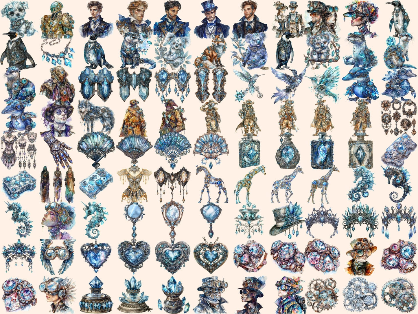 Diamond Steampunk Watercolor Clipart - High - Quality Instant Digital Download for Creative Projects