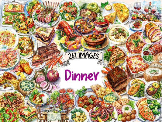 Dinner Meals Watercolor Clipart - High - Quality Instant Digital Download for Creative Projects