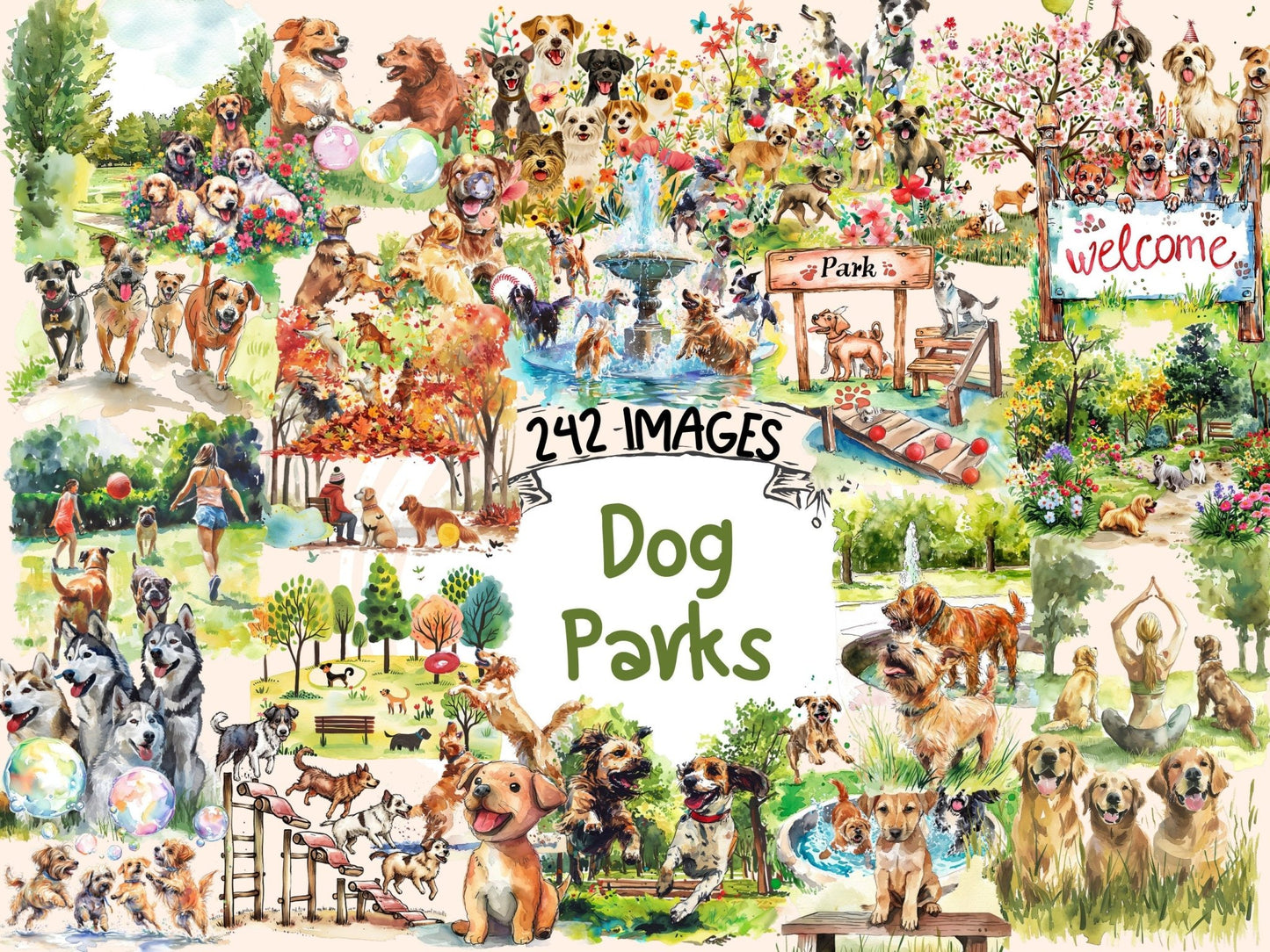 Dog Parks Watercolor Clipart - High - Quality Instant Digital Download for Creative Projects