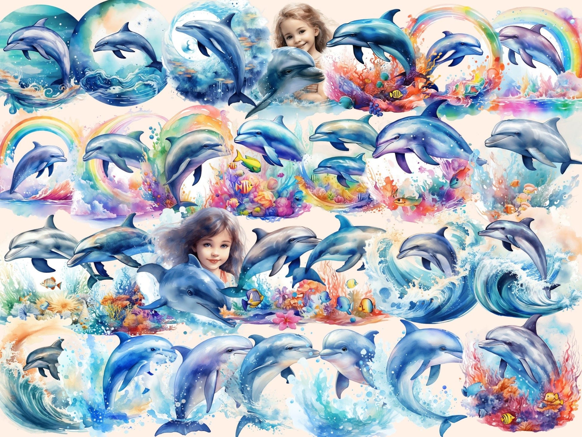 Dolphins Watercolor Clipart - High - Quality Instant Digital Download for Creative Projects