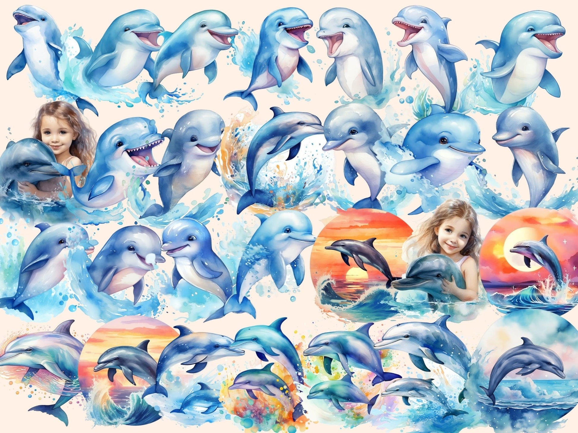 Dolphins Watercolor Clipart - High - Quality Instant Digital Download for Creative Projects