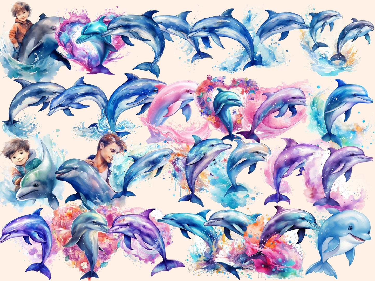 Dolphins Watercolor Clipart - High - Quality Instant Digital Download for Creative Projects