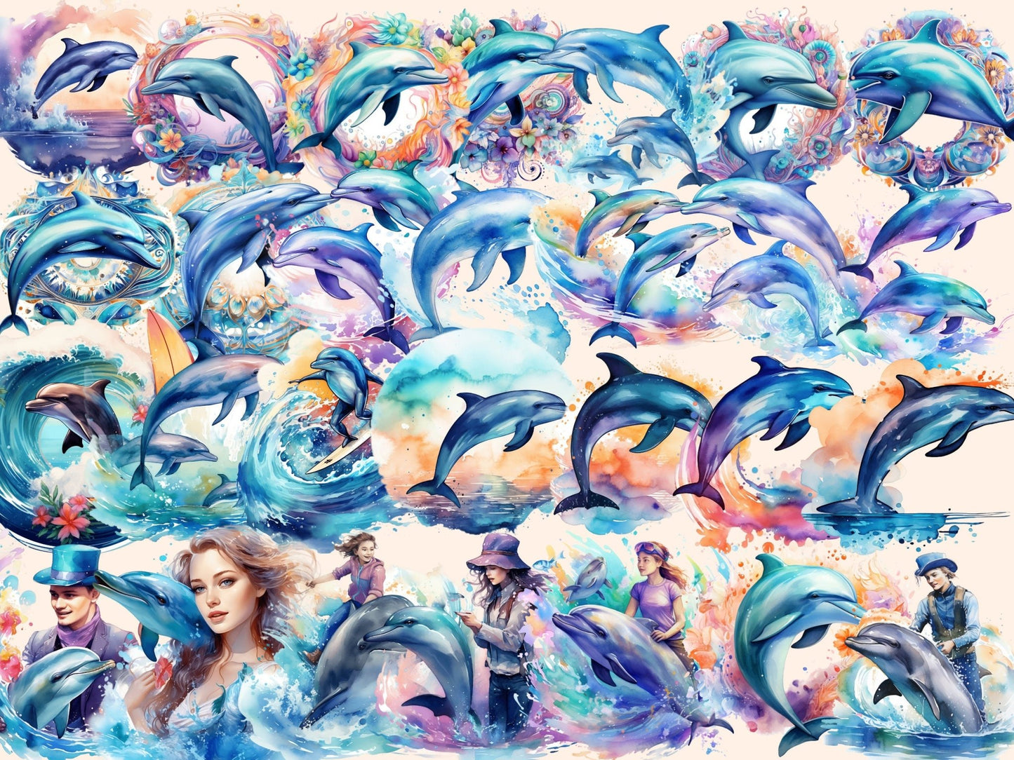 Dolphins Watercolor Clipart - High - Quality Instant Digital Download for Creative Projects