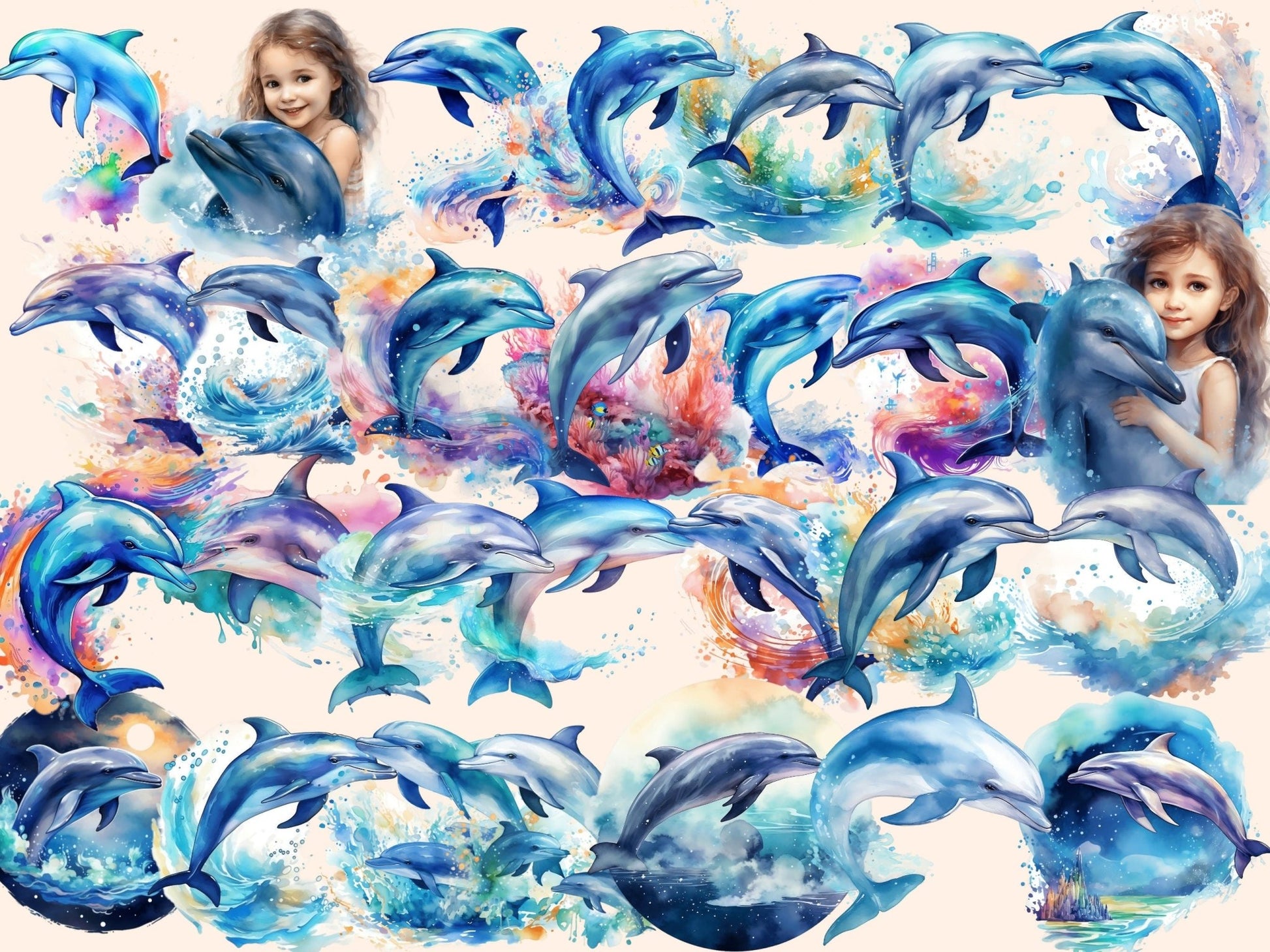 Dolphins Watercolor Clipart - High - Quality Instant Digital Download for Creative Projects