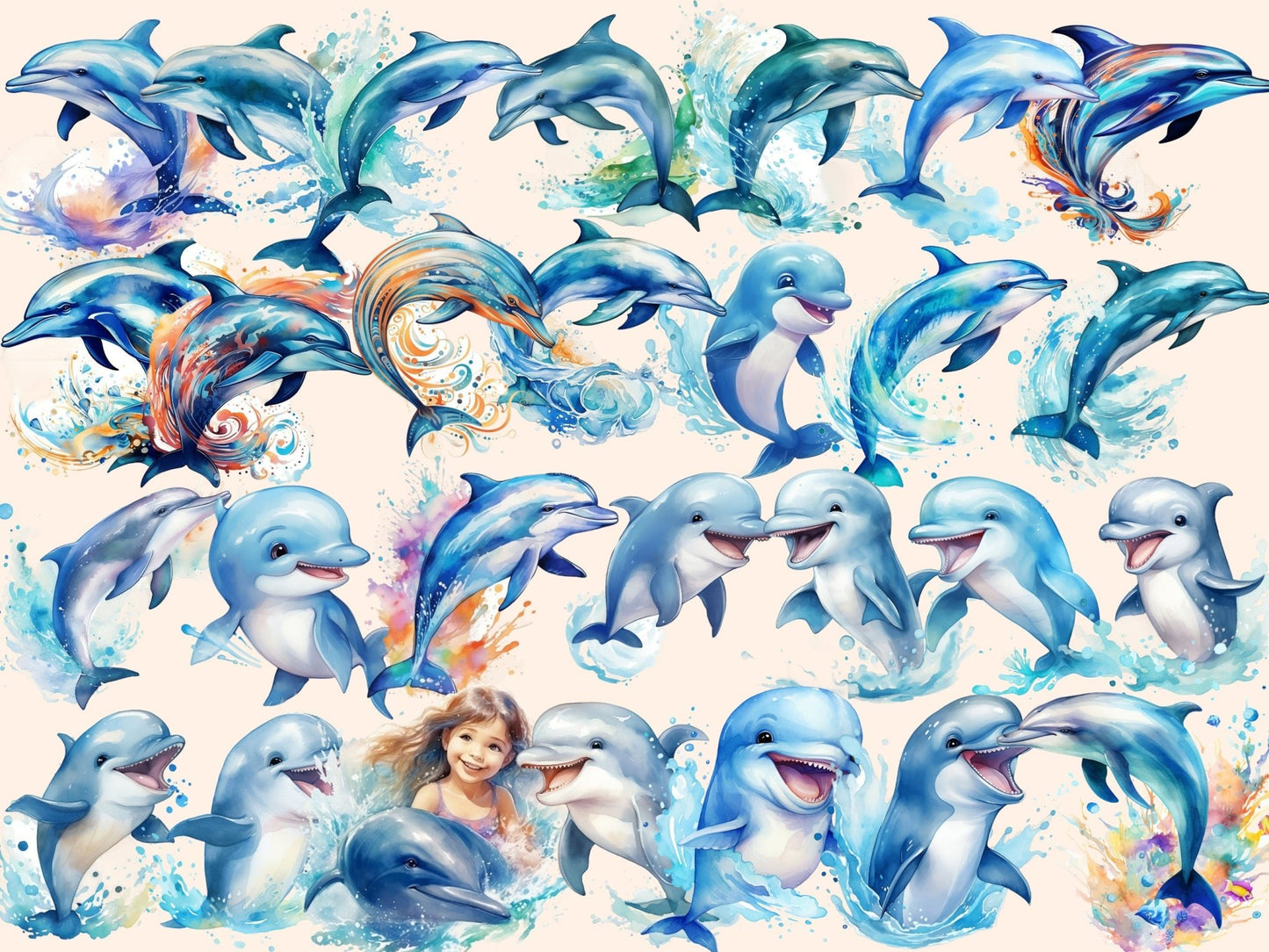 Dolphins Watercolor Clipart - High - Quality Instant Digital Download for Creative Projects