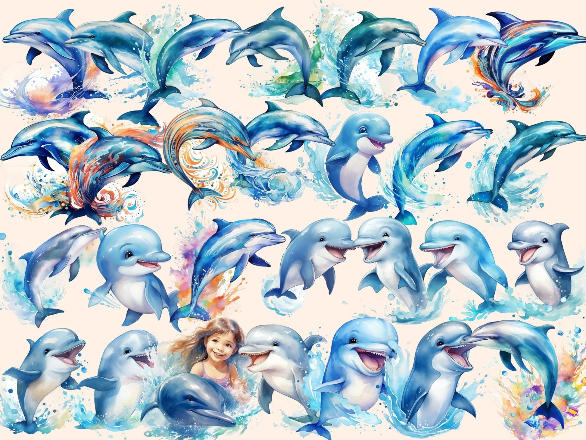 Dolphins Watercolor Clipart - High - Quality Instant Digital Download for Creative Projects