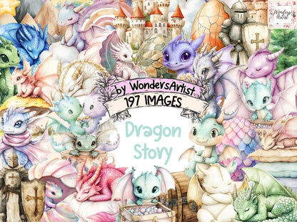 Dragon Story Clipart Watercolor Dragon Art Print - Wonders Artist