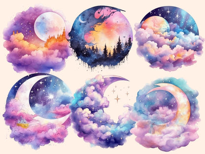 Dreamy Moons Watercolor Clipart celestial clipart - Wonders Artist