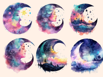 Dreamy Moons Watercolor Clipart celestial clipart - Wonders Artist