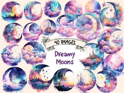 Dreamy Moons Watercolor Clipart celestial clipart - Wonders Artist