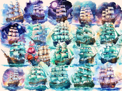 Dreamy Ships Watercolor Clipart baby room clipart - Wonders Artist