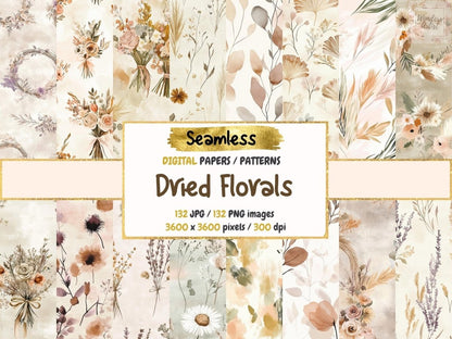 Dried Florals Seamless Pattern Digital Papers boho flower paper botanical print digital paper - WondersArtist
