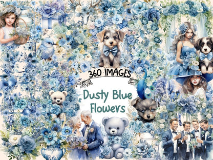 Dusty Blue Flowers Watercolor Clipart blue floral clipart - Wonders Artist