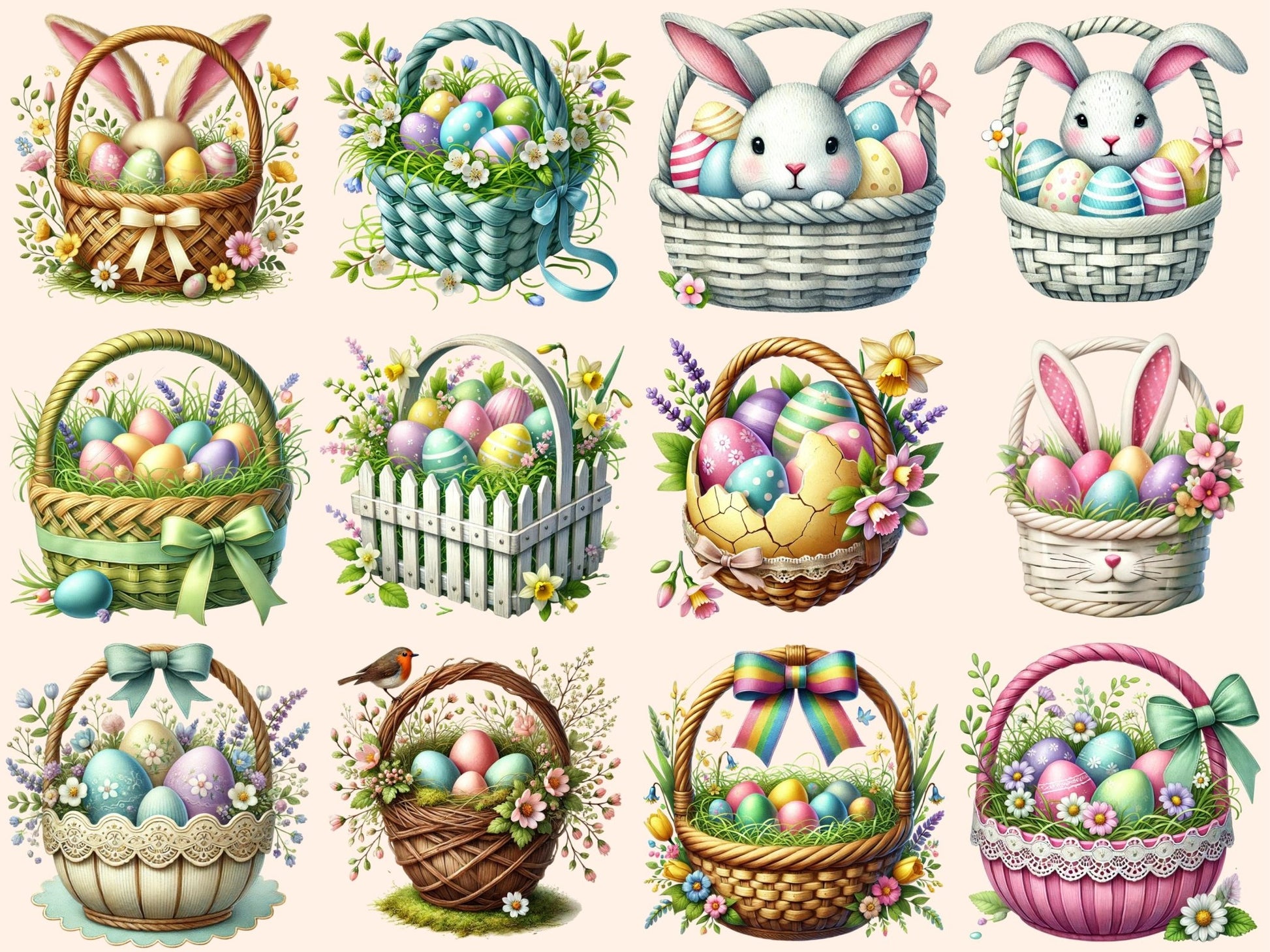 Easter Baskets Clipart - High - Quality Instant Digital Download for Creative Projects