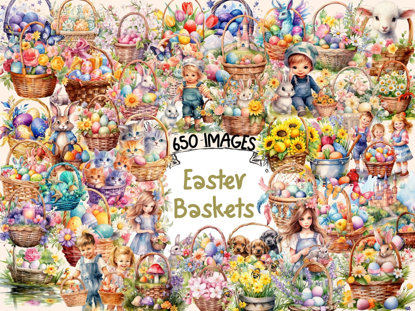 Easter Baskets Watercolor Clipart - High - Quality Instant Digital Download for Creative Projects