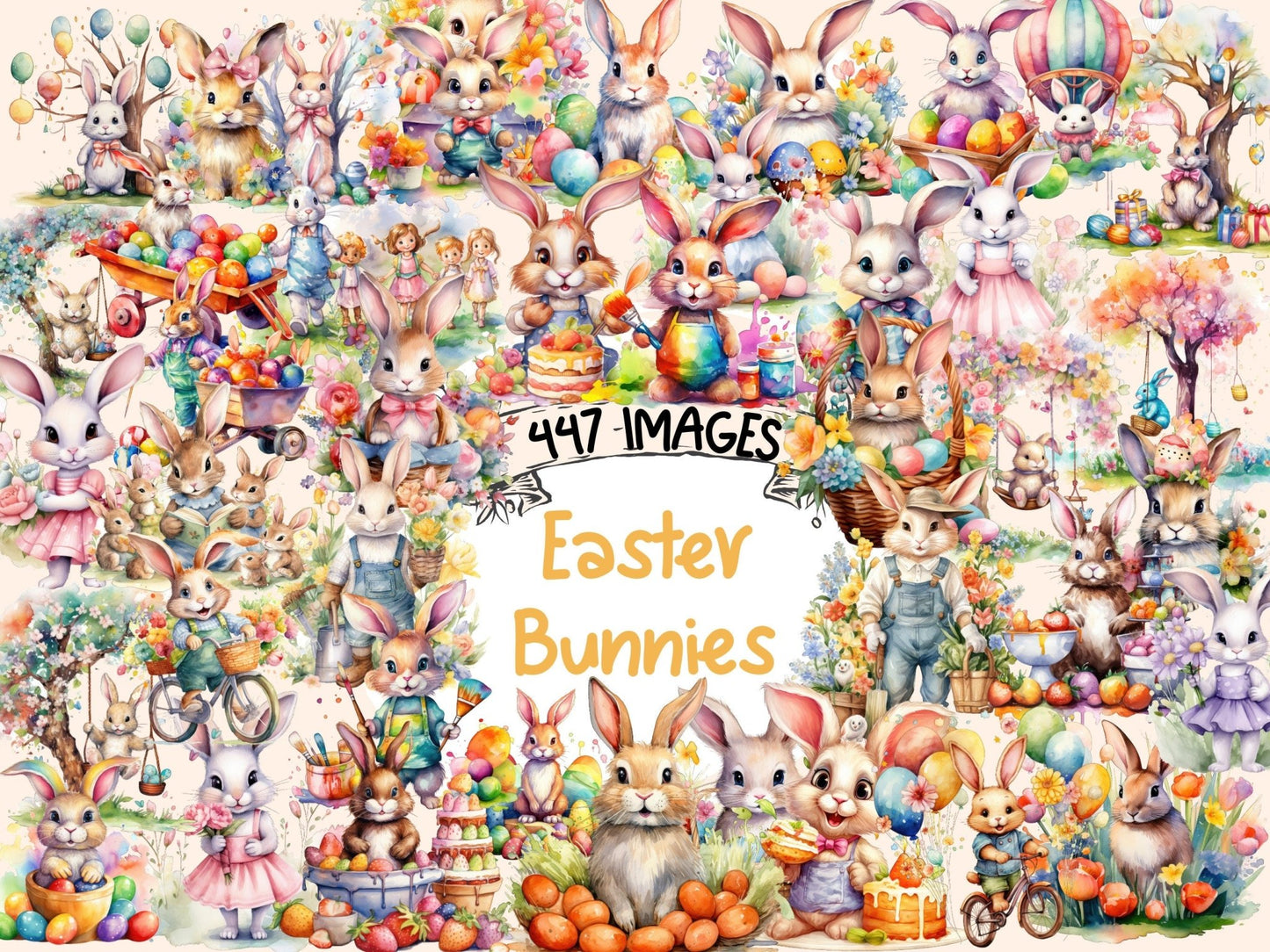 Easter Bunnies Watercolor Clipart - High - Quality Instant Digital Download for Creative Projects