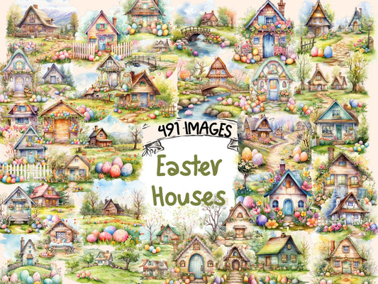 Easter Houses Watercolor Clipart - High - Quality Instant Digital Download for Creative Projects