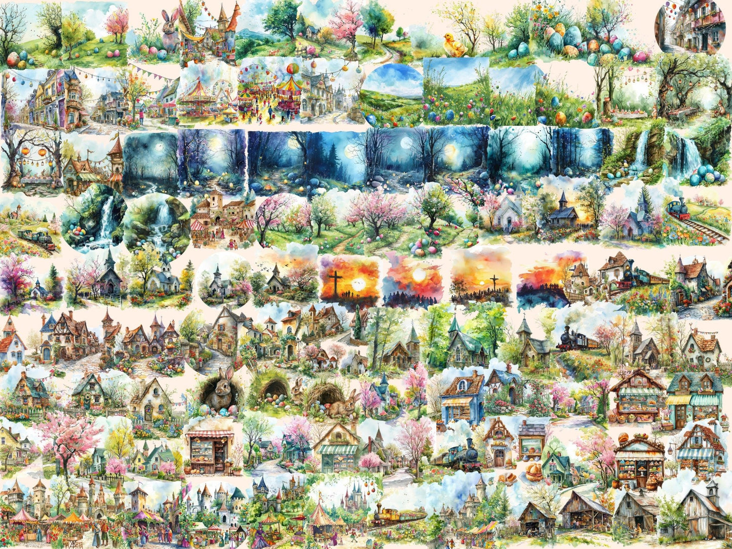 Easter Landscapes Watercolor Clipart - High - Quality Instant Digital Download for Creative Projects