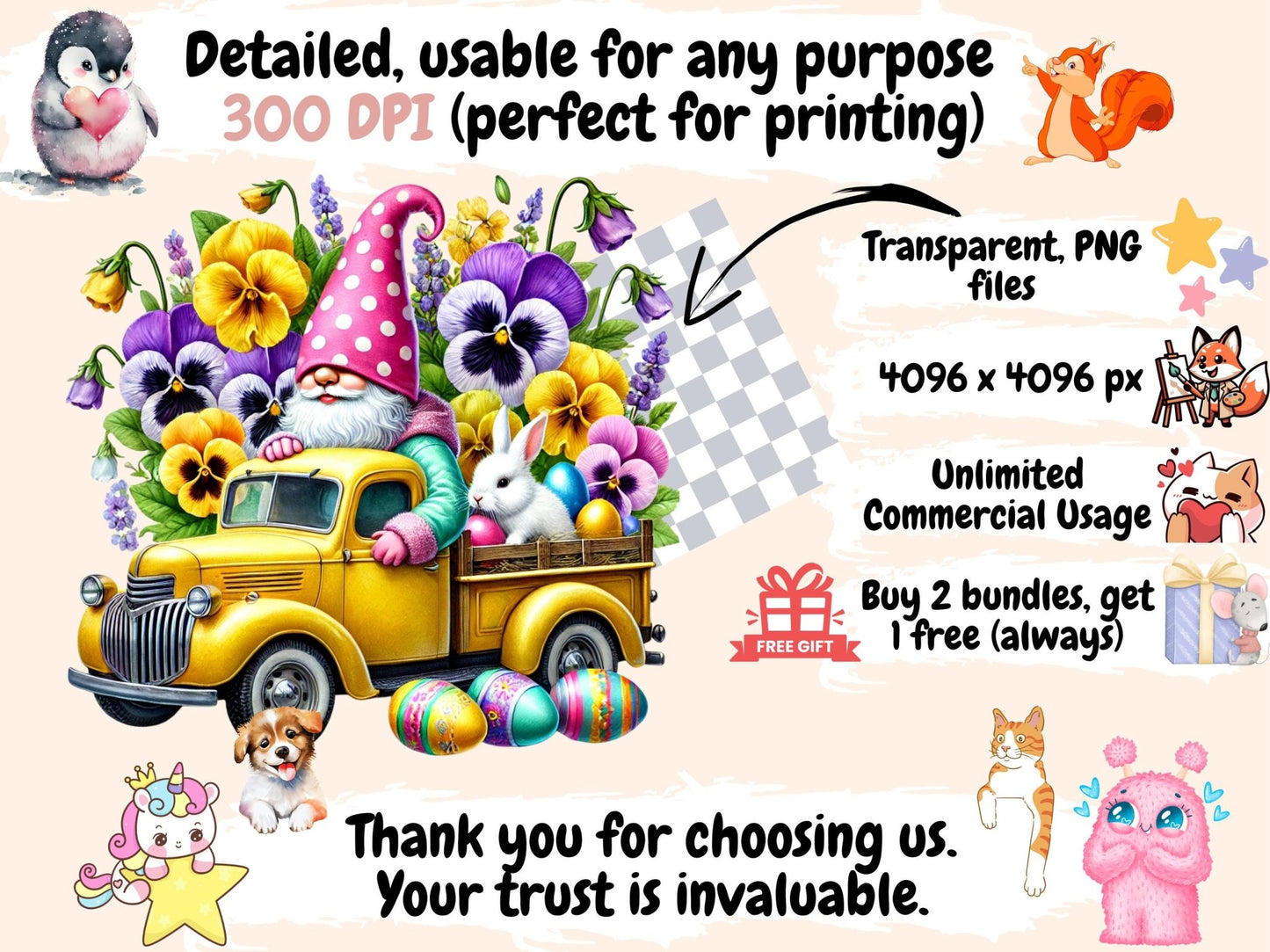 Easter Truck Gnomes Clipart - High - Quality Instant Digital Download for Creative Projects