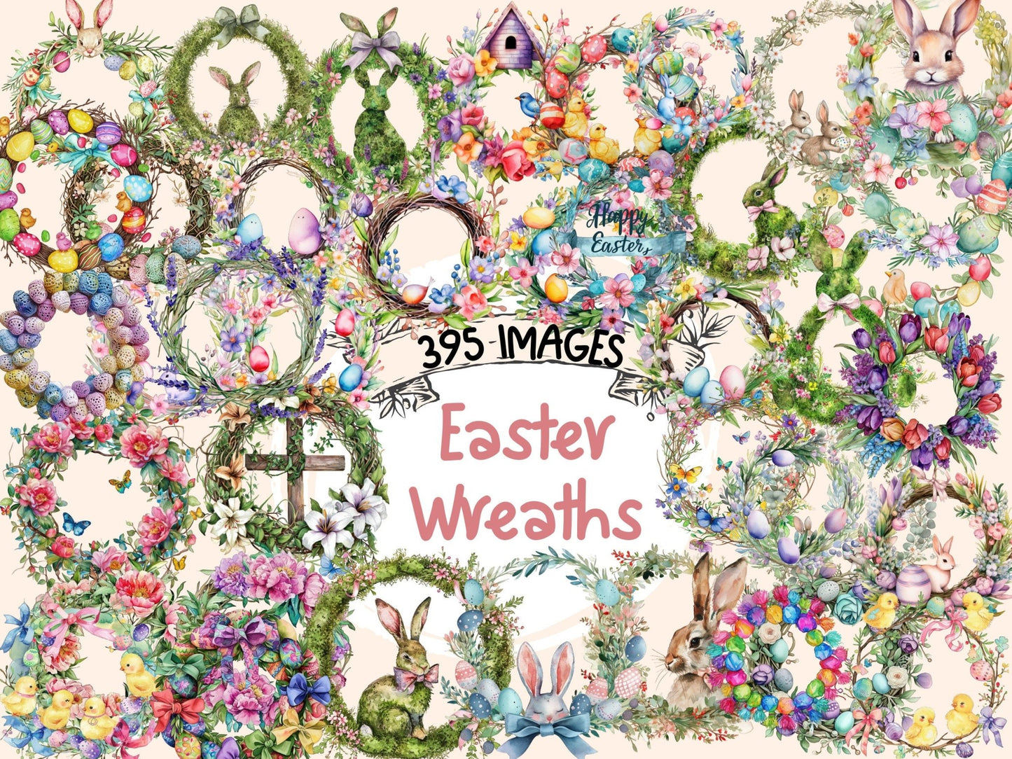 Easter Wreaths Watercolor Clipart - High - Quality Instant Digital Download for Creative Projects