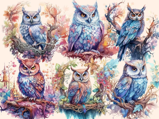 Clipart cu bufnițe din lemn bătrân în acuarelă