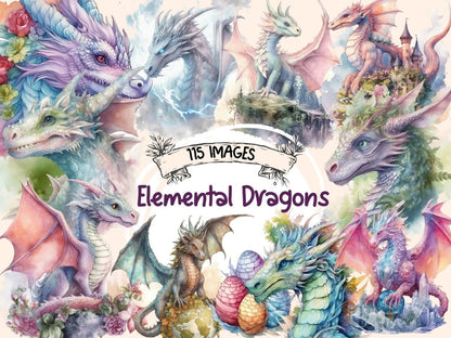 Elemental Dragons Watercolor Clipart dragon art - Wonders Artist