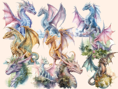 Elemental Dragons Watercolor Clipart dragon art - Wonders Artist