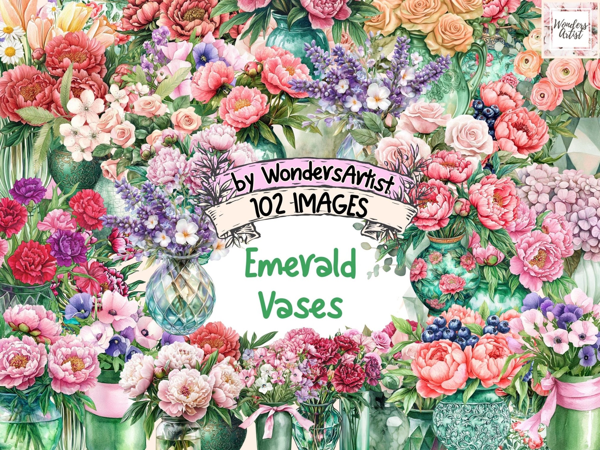 Emerald Vases Watercolor Clipart Bundle - High - Quality Instant Digital Download for Creative Projects