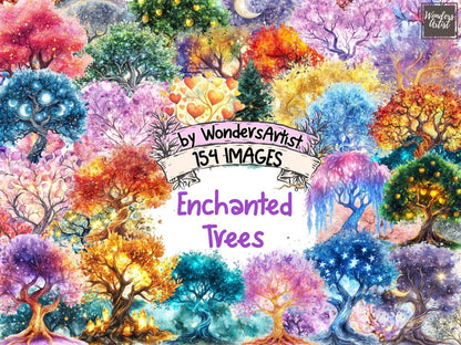 Enchanted Trees Watercolor Clipart Dreamy Trees PNG - Wonders Artist