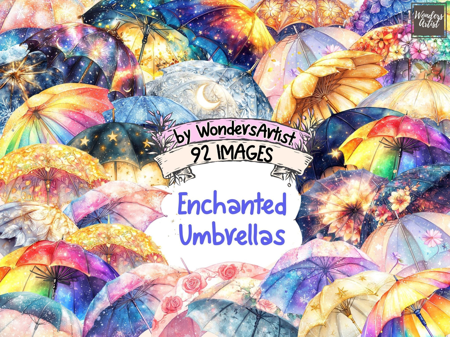 Enchanted Umbrellas Watercolor Clipart - High - Quality Instant Digital Download for Creative Projects