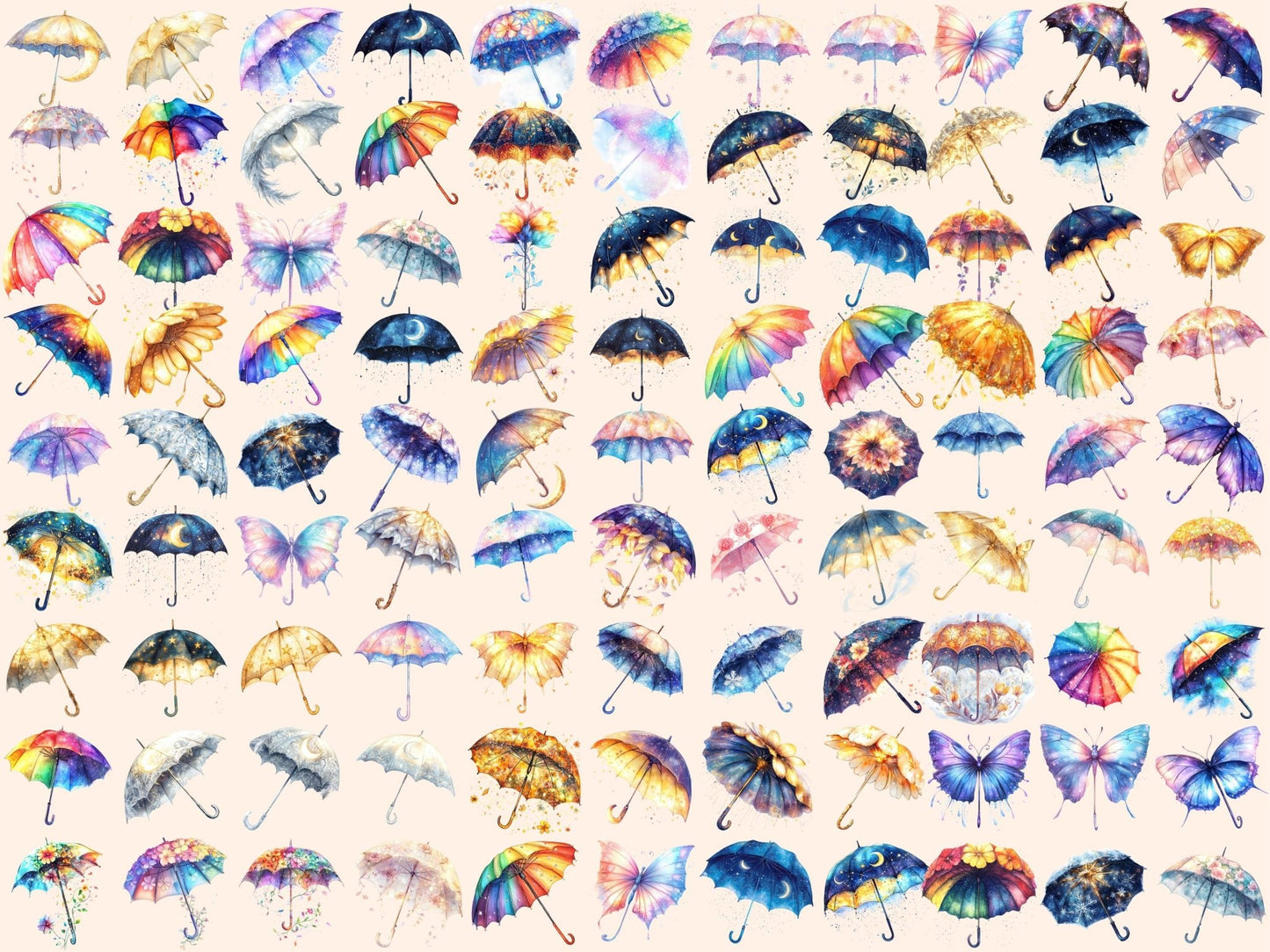 Enchanted Umbrellas Watercolor Clipart - High - Quality Instant Digital Download for Creative Projects