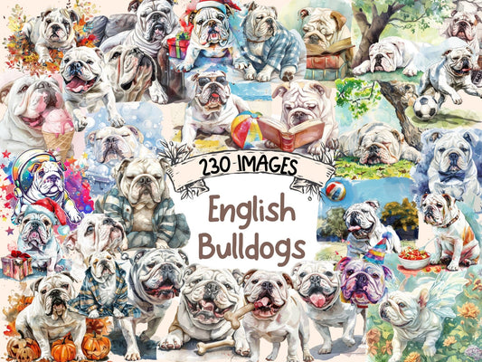 English Bulldogs Watercolor Clipart - High - Quality Instant Digital Download for Creative Projects