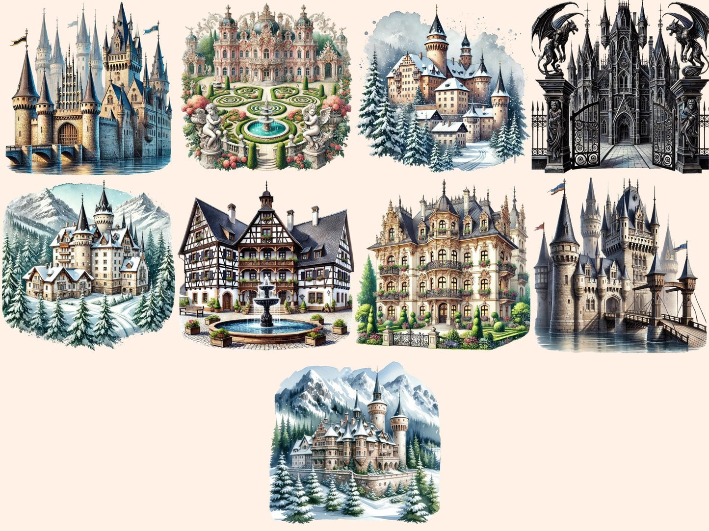 European Castles Clipart - High - Quality Instant Digital Download for Creative Projects