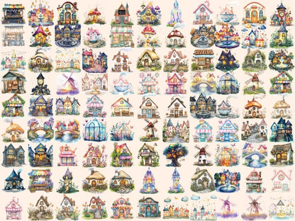 Fairytale Houses Watercolor Clipart Cottage Printables - Wonders Artist